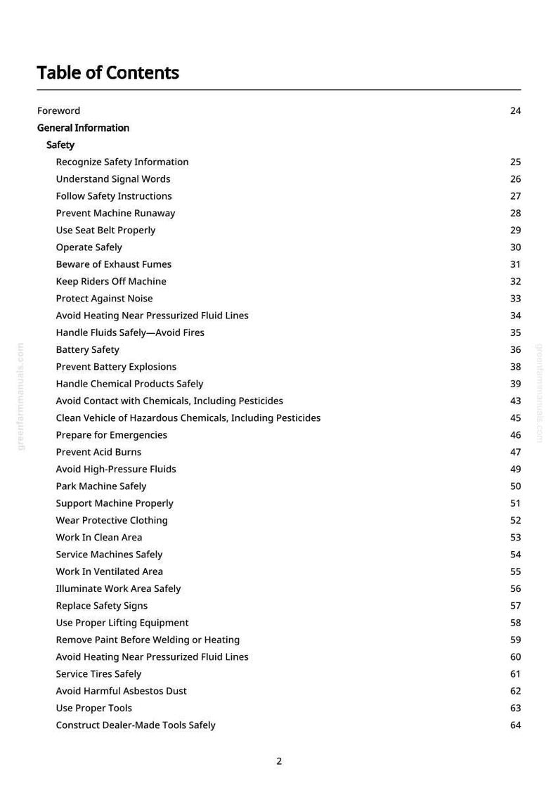 May include: A printed page titled "Table of Contents" from a manual. The table lists safety topics such as "Recognize Safety Information", "Prevent Machine Runaway", and "Avoid Heating Near Pressurized Fluid Lines".