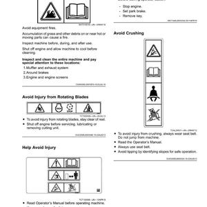 May include: A safety manual page with various warning symbols and instructions. The page includes warnings about equipment fires, rotating blades, and crushing hazards, with safety tips and procedures.