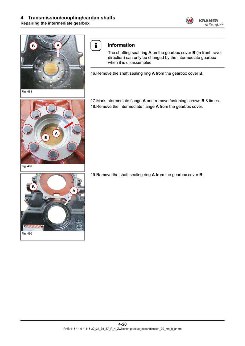 Pu&ograve; includere: Schema di riparazione del cambio con parti A e B etichettate. L'immagine mostra viste ravvicinate dei componenti, con frecce che indicano aree specifiche. Il testo in alto recita "Transmission/coupling/cardan shafts".