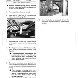 Peut inclure: Page d'un manuel intitul&eacute; "Test de pression de soufflage". La page comprend des sch&eacute;mas, des instructions et un tableau avec les num&eacute;ros et noms des pi&egrave;ces. Une personne est montr&eacute;e dans la cabine d'un v&eacute;hicule. Le manuel est pour un mod&egrave;le HM350-2.