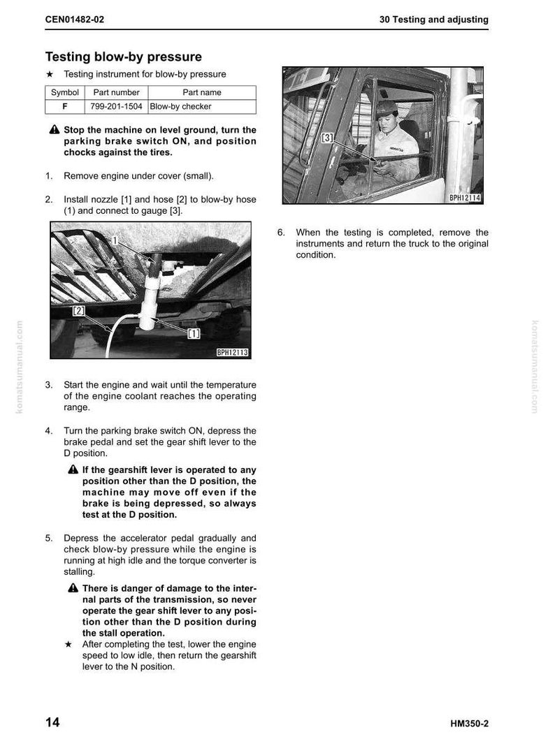 Peut inclure: Page d'un manuel intitul&eacute; "Test de pression de soufflage". La page comprend des sch&eacute;mas, des instructions et un tableau avec les num&eacute;ros et noms des pi&egrave;ces. Une personne est montr&eacute;e dans la cabine d'un v&eacute;hicule. Le manuel est pour un mod&egrave;le HM350-2.