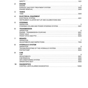 May include: A table of contents from a manual for Argo Tractors, listing sections such as Engine, Brakes, and Diagnostics. The document includes section numbers and titles, with the Argo Tractors logo at the top.