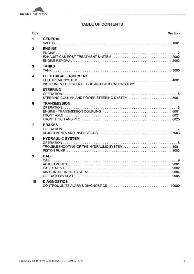 May include: A table of contents from a manual for Argo Tractors, listing sections such as Engine, Brakes, and Diagnostics. The document includes section numbers and titles, with the Argo Tractors logo at the top.