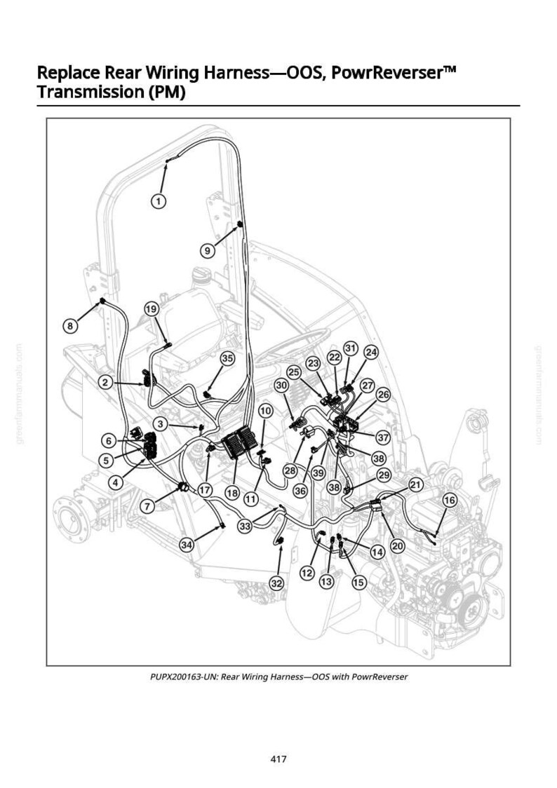 May include: Diagram of a tractor's rear wiring harness, labelled with numbers. The image includes the text "Replace Rear Wiring Harness-OOS, PowrReverser Transmission (PM)" and "PUPX200163-UN: Rear Wiring Harness-OOS with PowrReverser".