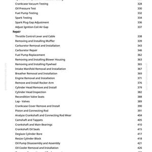 Pu&ograve; includere: Una pagina di manuale con un elenco di procedure di riparazione del motore, tra cui "Regolazione della velocit&agrave; al minimo veloce" e "Ispezione della testata del cilindro". Il testo &egrave; nero su sfondo bianco. Il numero di pagina &egrave; in basso.
