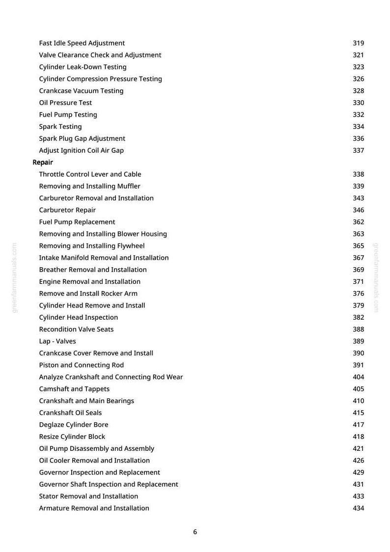 Pu&ograve; includere: Una pagina di manuale con un elenco di procedure di riparazione del motore, tra cui "Regolazione della velocit&agrave; al minimo veloce" e "Ispezione della testata del cilindro". Il testo &egrave; nero su sfondo bianco. Il numero di pagina &egrave; in basso.