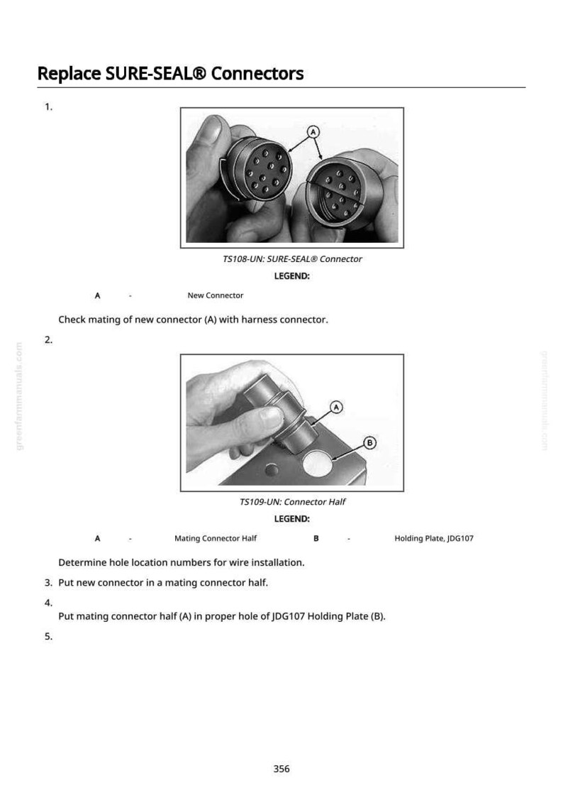 May include: Diagram illustrating the replacement of SURE-SEAL&reg; connectors. The image shows two connector halves and a holding plate, with labels and instructions for mating and installation. Text includes "TS108-UN" and "TS109-UN".