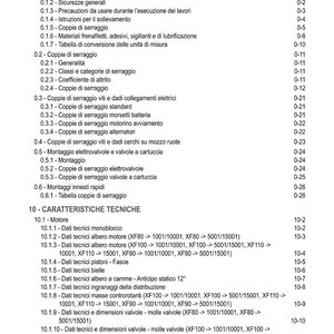 K&ouml;nnte beinhalten: Ein italienisches Inhaltsverzeichnis mit Abschnitten zu Sicherheit, Anzugsdrehmomenten und technischen Spezifikationen. Das Dokument enth&auml;lt motorbezogene Informationen, mit Seitenzahlen rechtsb&uuml;ndig.