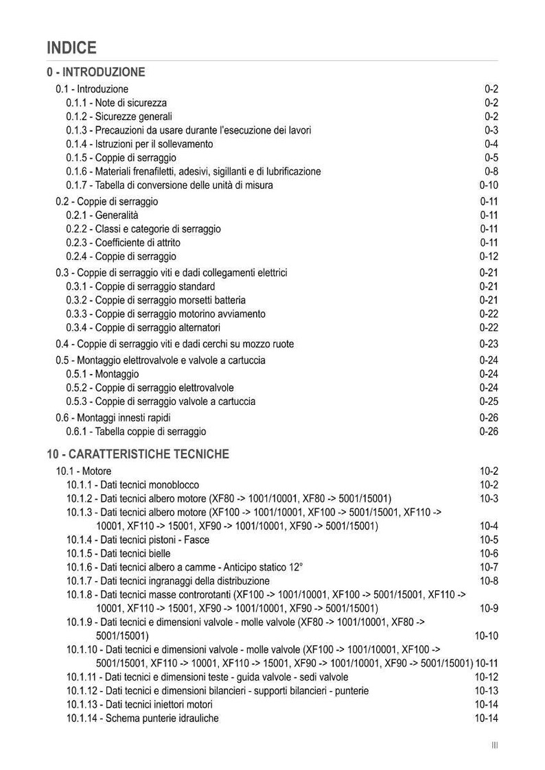 K&ouml;nnte beinhalten: Ein italienisches Inhaltsverzeichnis mit Abschnitten zu Sicherheit, Anzugsdrehmomenten und technischen Spezifikationen. Das Dokument enth&auml;lt motorbezogene Informationen, mit Seitenzahlen rechtsb&uuml;ndig.