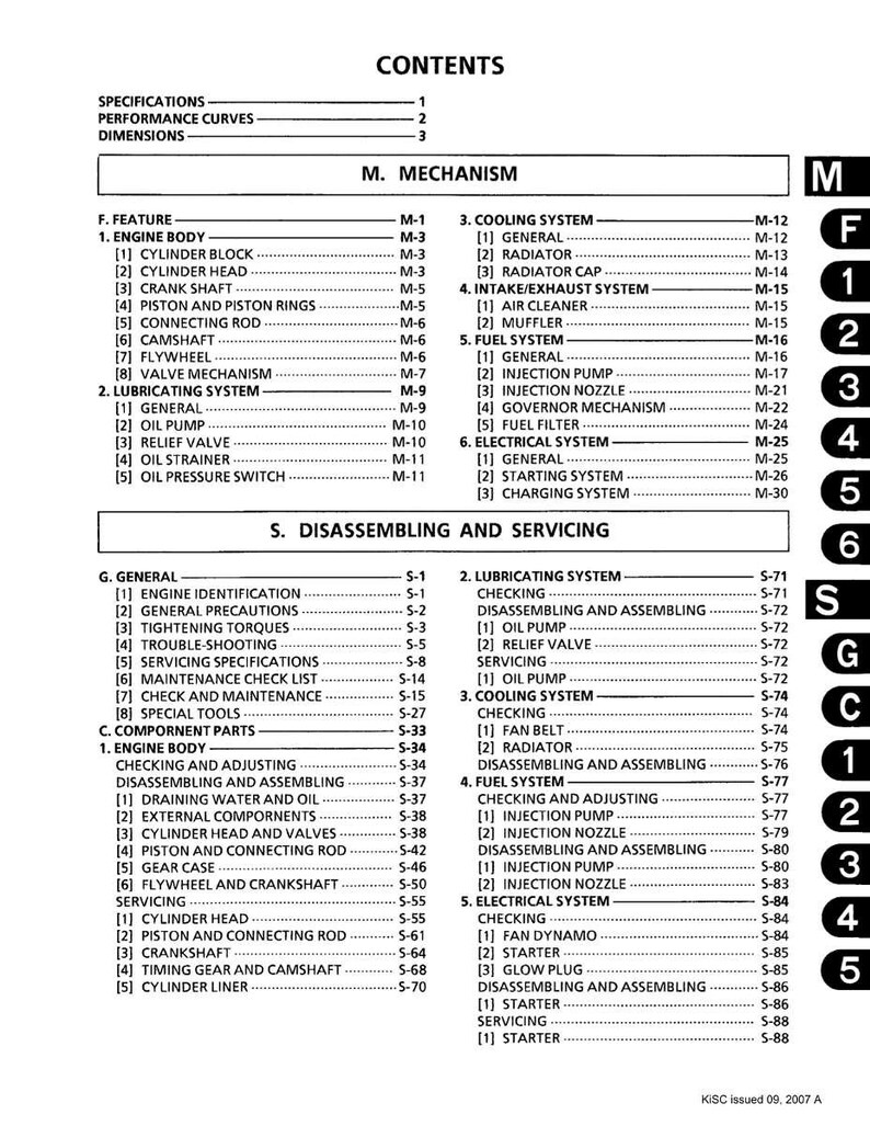May include: A detailed table of contents from a manual, featuring sections on engine components, fuel systems, and electrical systems. The document is organized with clear headings and page numbers for easy navigation.