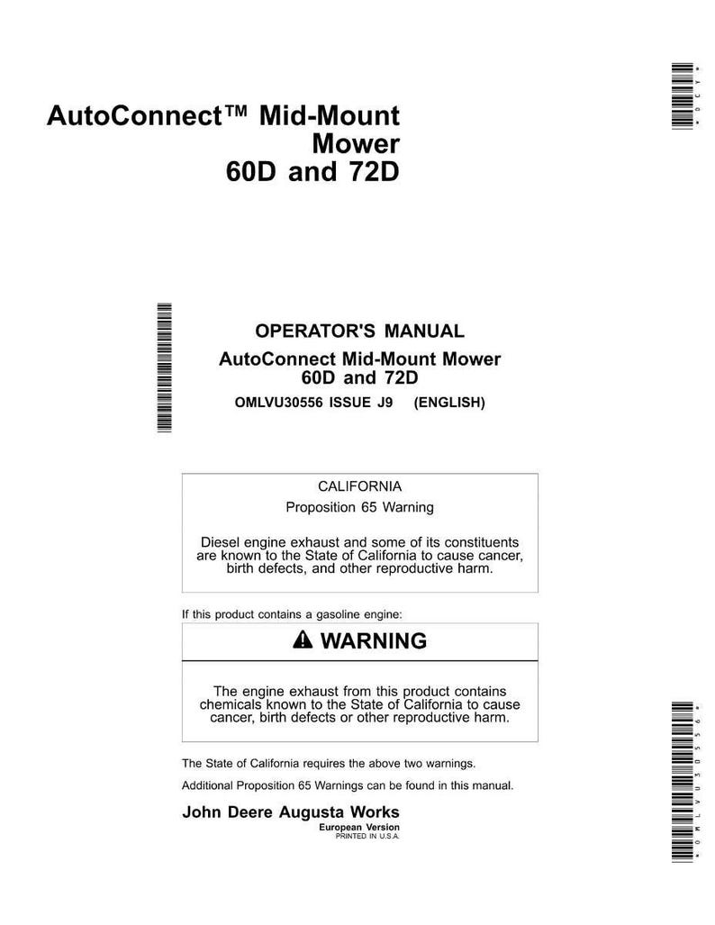 Puede incluir: Manual blanco para la cortadora AutoConnect Mid-Mount 60D y 72D, con advertencias sobre los gases de escape del motor. El texto incluye el logotipo de John Deere Augusta Works. Impreso en EE. UU.