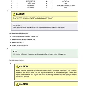 May include: A page of text with a legend and safety instructions for replacing halogen and HID-Xenon bulbs. The text includes warnings about electrical shock and eye protection. The page has a legend with parts.