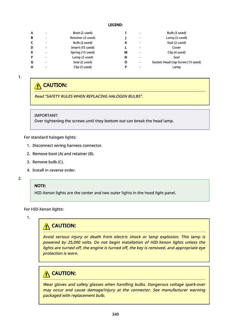 May include: A page of text with a legend and safety instructions for replacing halogen and HID-Xenon bulbs. The text includes warnings about electrical shock and eye protection. The page has a legend with parts.