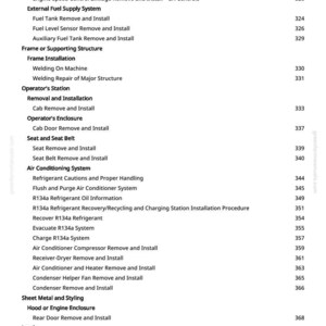 May include: A white page with a detailed table of contents, listing various mechanical procedures. The text includes terms like "Fan Belt Remove and Install" and "Air Conditioning System". The page number is 5.