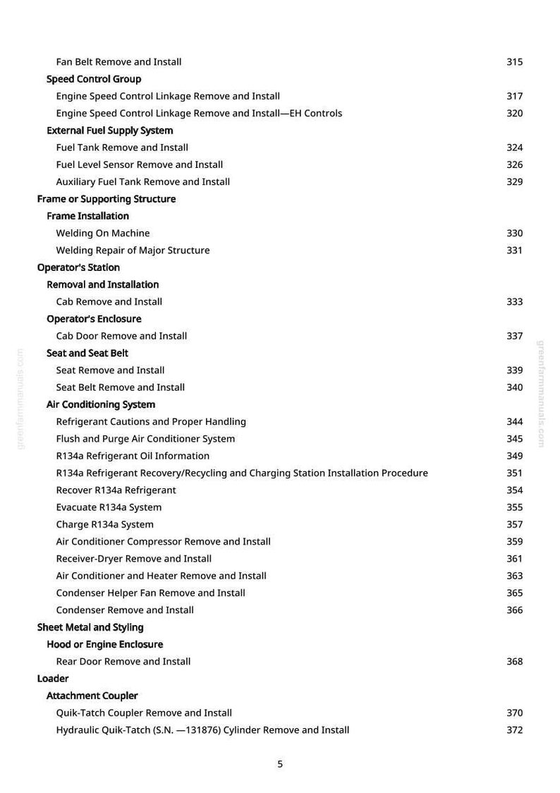 May include: A white page with a detailed table of contents, listing various mechanical procedures. The text includes terms like "Fan Belt Remove and Install" and "Air Conditioning System". The page number is 5.
