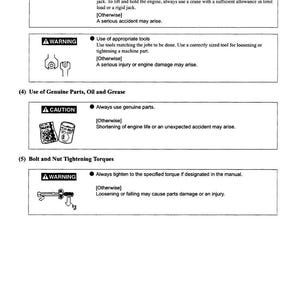 May include: A page from a manual with safety warnings and instructions. The text includes warnings about lifting, using tools, and using genuine parts. There are also illustrations of tools and symbols. The page is in black and white.