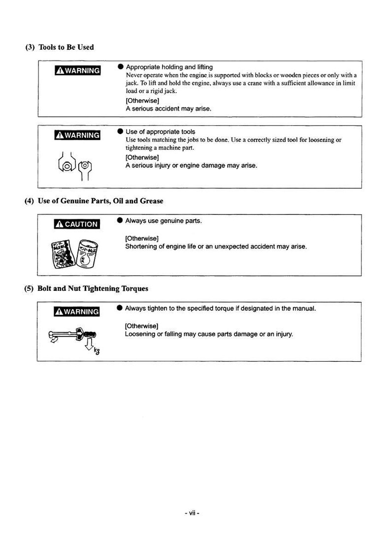 May include: A page from a manual with safety warnings and instructions. The text includes warnings about lifting, using tools, and using genuine parts. There are also illustrations of tools and symbols. The page is in black and white.