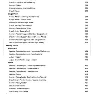May include: A white page with a detailed table of contents, featuring various repair and adjustment procedures for machinery. The text includes terms like "Pickup Repair," "Gauge Wheel," and "Feeding Device," along with corresponding page numbers.