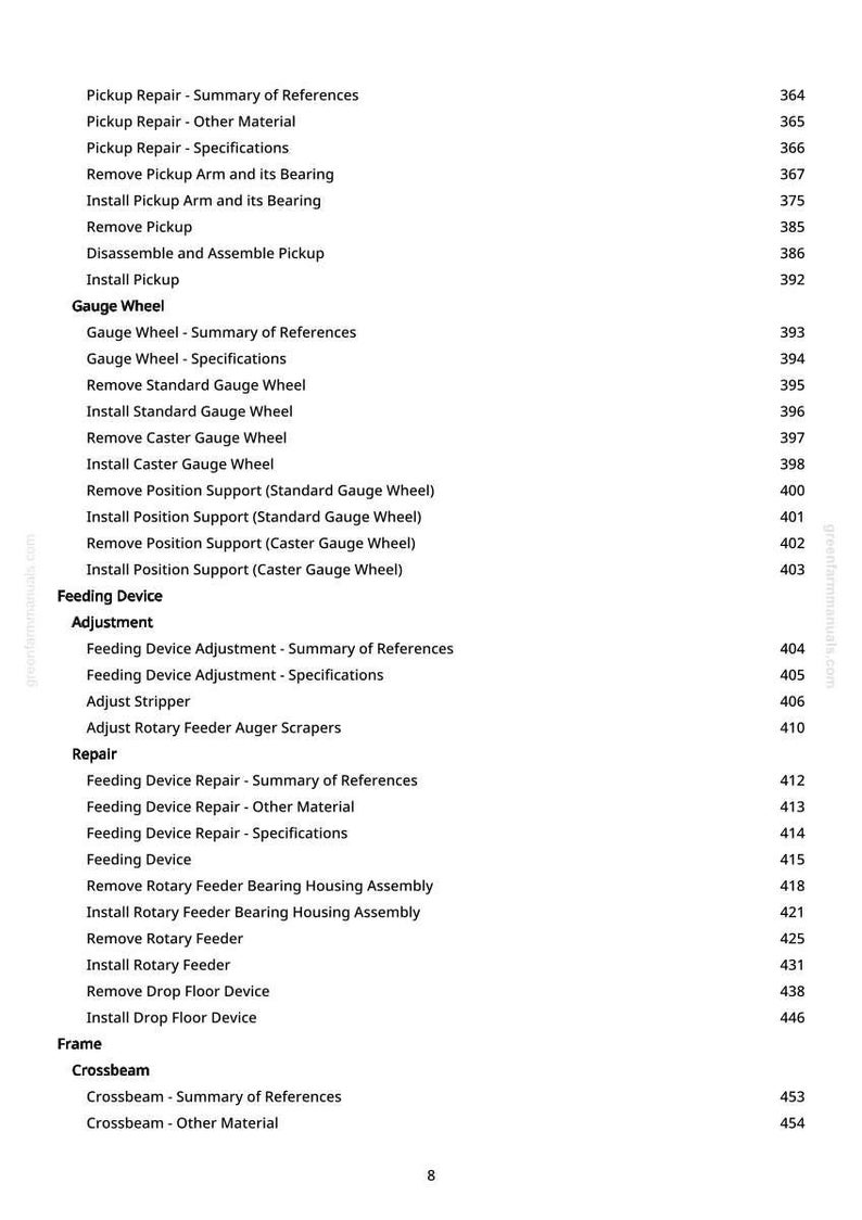 May include: A white page with a detailed table of contents, featuring various repair and adjustment procedures for machinery. The text includes terms like "Pickup Repair," "Gauge Wheel," and "Feeding Device," along with corresponding page numbers.