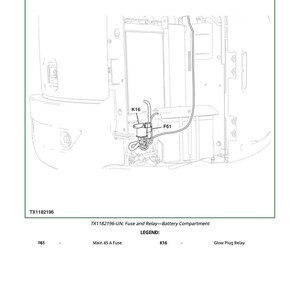 May include: Diagram of a fuse and relay assembly within a battery compartment. The image includes labels for components like the Main 45 A Fuse and Glow Plug Relay. The text "TX1182196-UN: Fuse and Relay-Battery Compartment" is also visible.