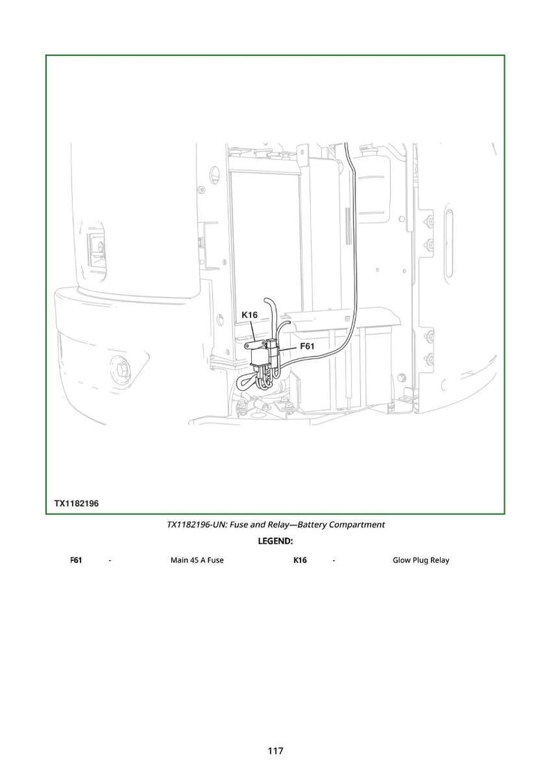May include: Diagram of a fuse and relay assembly within a battery compartment. The image includes labels for components like the Main 45 A Fuse and Glow Plug Relay. The text "TX1182196-UN: Fuse and Relay-Battery Compartment" is also visible.