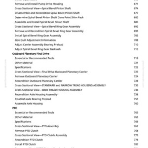 Puede incluir: Una lista detallada de procedimientos y especificaciones mec&aacute;nicas, que incluye "Quitar engranajes de entrada" y "Vista en secci&oacute;n transversal - Eje de pi&ntilde;&oacute;n c&oacute;nico espiral". El documento es de greenfarmmanuals.com e incluye n&uacute;meros de p&aacute;gina.