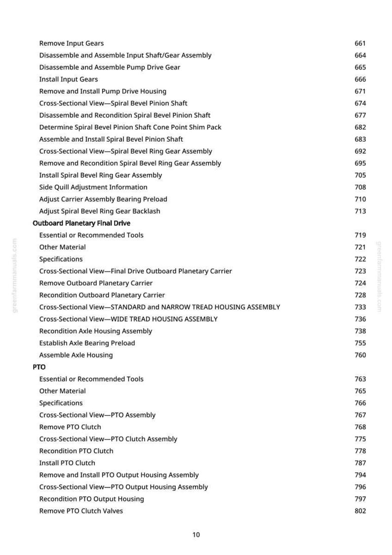 Puede incluir: Una lista detallada de procedimientos y especificaciones mec&aacute;nicas, que incluye "Quitar engranajes de entrada" y "Vista en secci&oacute;n transversal - Eje de pi&ntilde;&oacute;n c&oacute;nico espiral". El documento es de greenfarmmanuals.com e incluye n&uacute;meros de p&aacute;gina.