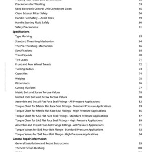 May include: A manual page with a detailed table of contents. It lists topics such as safety precautions, specifications, and repair information. The text covers subjects from welding to tyre loads, with page numbers.