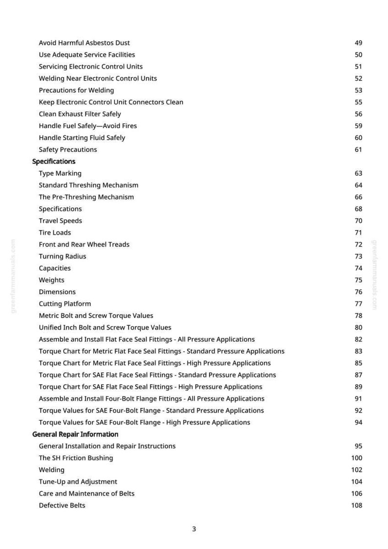 May include: A manual page with a detailed table of contents. It lists topics such as safety precautions, specifications, and repair information. The text covers subjects from welding to tyre loads, with page numbers.