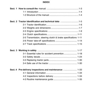 Op de afbeelding: Een pagina uit een tractormanual met de titel "INTRODUCTION" bovenaan. De index bevat secties over tractoridentificatie, veiligheid en onderhoud. De pagina is wit met zwarte tekst.