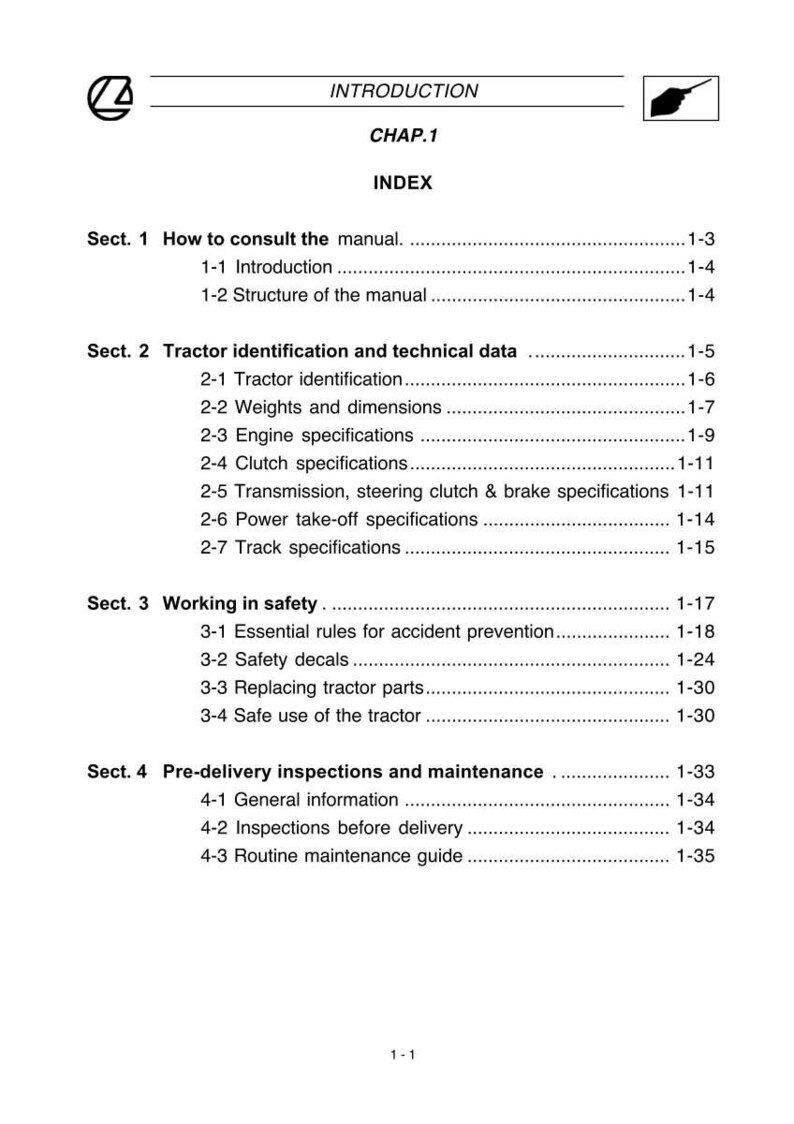 Op de afbeelding: Een pagina uit een tractormanual met de titel "INTRODUCTION" bovenaan. De index bevat secties over tractoridentificatie, veiligheid en onderhoud. De pagina is wit met zwarte tekst.