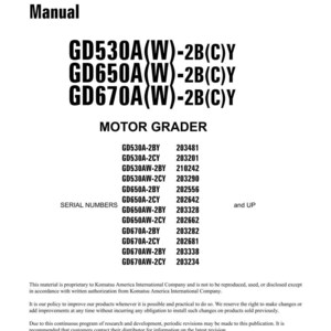 May include: A white shop manual titled "Shop Manual" with the text "GD530A(W)-2B(C)Y, GD650A(W)-2B(C)Y, GD670A(W)-2B(C)Y" and "MOTOR GRADER". Includes serial numbers and copyright information from 2002.