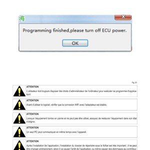 May include: A technical diagram with the text "Programming finished, please turn off ECU power." in a pop-up window. Below are several warning symbols with text in French. The title at the top reads "R&Eacute;GLAGES OU TARAGES ET DIAGNOSTICS &Eacute;LECTRONIQUES".