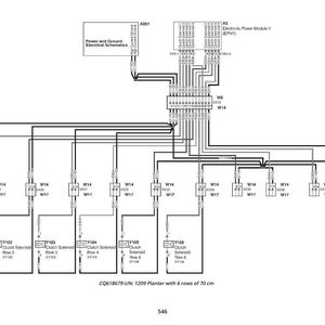 May include: A detailed electrical schematic diagram with text labels and connector symbols. The diagram includes text that reads "Power and Ground Electrical Schematics" and "Electronic Power Module 1". The diagram is for a planter with 6 rows of 27.5 inches.