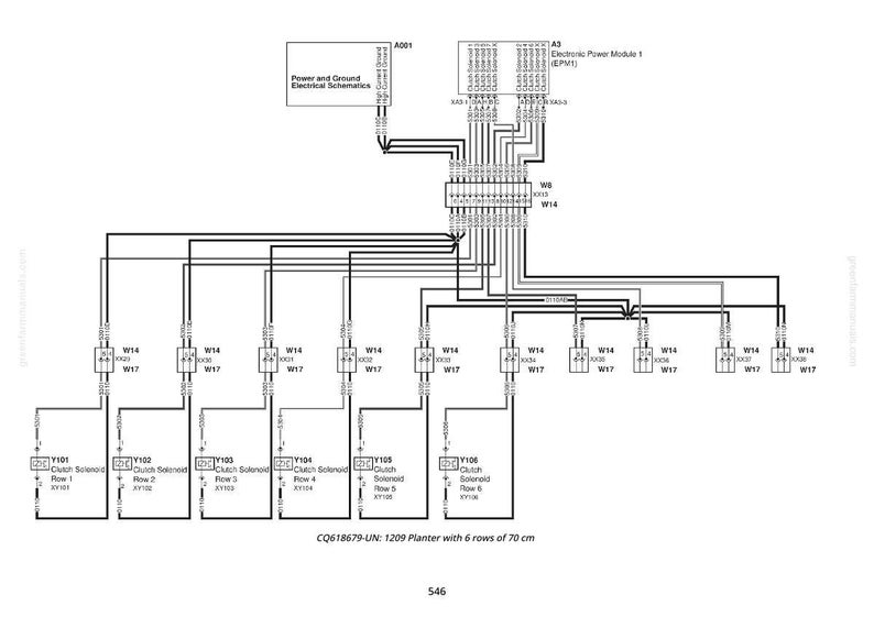 May include: A detailed electrical schematic diagram with text labels and connector symbols. The diagram includes text that reads "Power and Ground Electrical Schematics" and "Electronic Power Module 1". The diagram is for a planter with 6 rows of 27.5 inches.