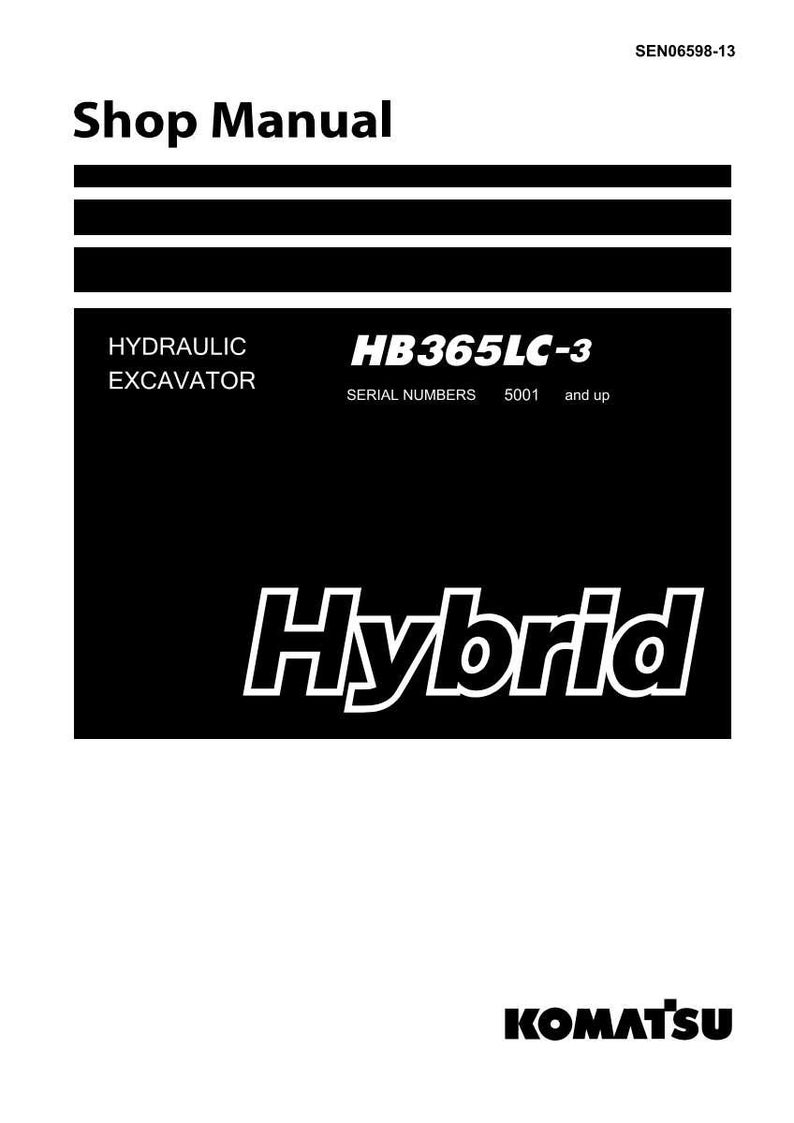 May include: A black and white shop manual cover. The text reads "Shop Manual" at the top, with "HYDRAULIC EXCAVATOR" and "HB365LC-3" below. The word "Hybrid" is prominently displayed, and the Komatsu logo is at the bottom.