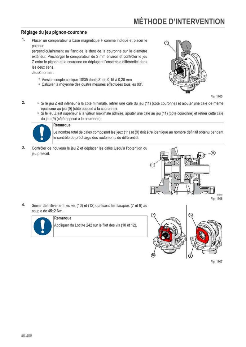 May include: Diagram of a mechanical component with detailed instructions. The image includes text in French, diagrams, and numbered steps for adjustment and maintenance. Includes figures 1705, 1706, and 1707.