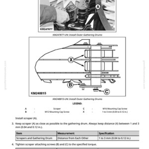 May include: Diagram of machinery components with labels and measurements. Includes a close-up photo of a person working on the machinery. Text includes "Install Outer Gathering Drums" and specifications for screws and torque.