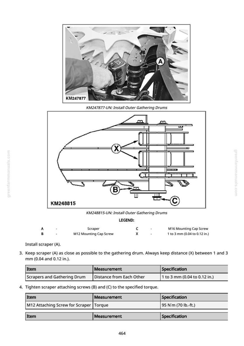 May include: Diagram of machinery components with labels and measurements. Includes a close-up photo of a person working on the machinery. Text includes "Install Outer Gathering Drums" and specifications for screws and torque.