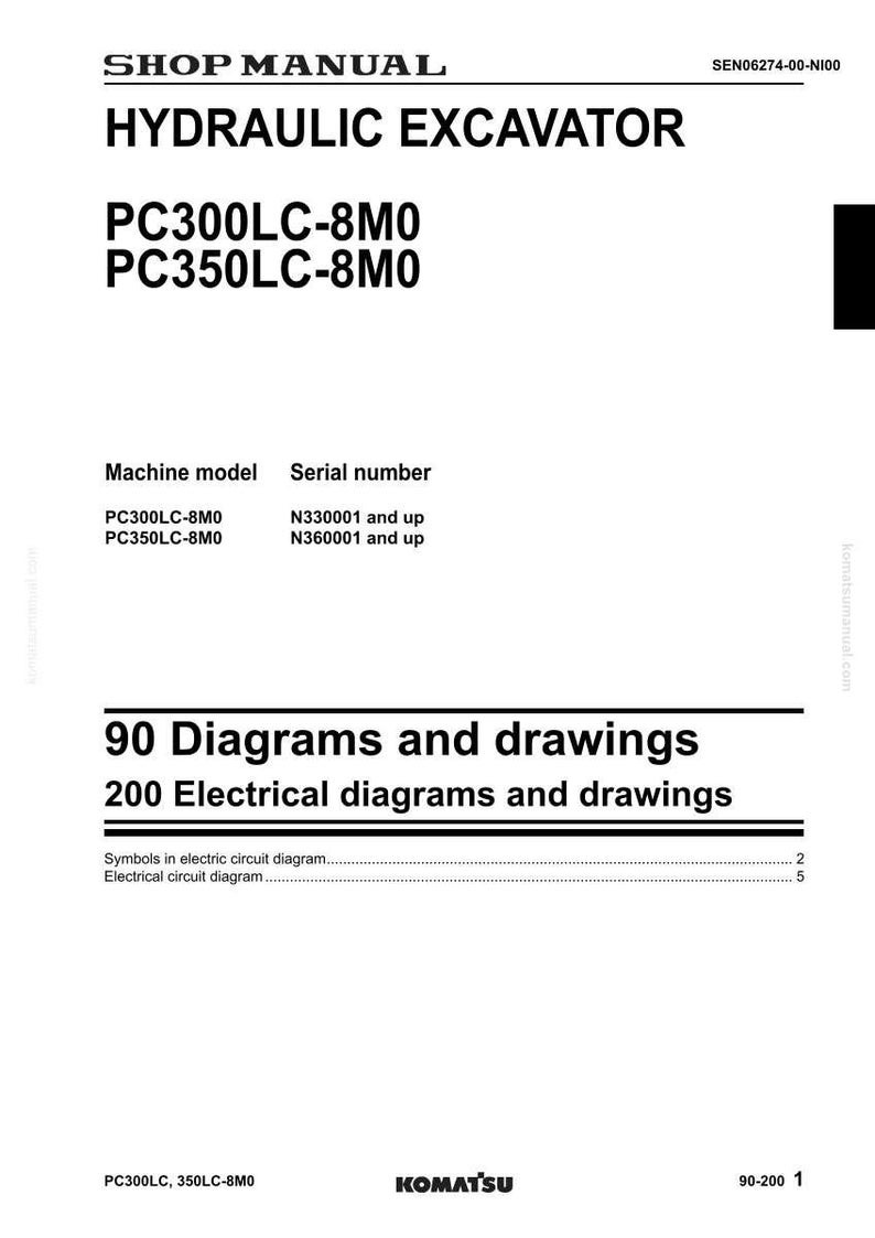 Pu&ograve; includere: Manuale di officina per un escavatore idraulico, modelli PC300LC-8M0 e PC350LC-8M0. Il documento include diagrammi, disegni e schemi elettrici, con informazioni sui numeri di serie e il logo Komatsu.