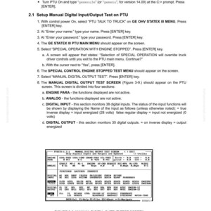May include: A manual page explaining the digital input/output signals test for an FL275 card panel. The text provides instructions for setting up and running tests, including a diagram of the manual digital output test screen.