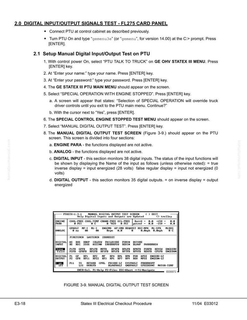 May include: A manual page explaining the digital input/output signals test for an FL275 card panel. The text provides instructions for setting up and running tests, including a diagram of the manual digital output test screen.