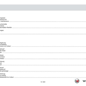 May include: A page from a manual with a table of contents in German, English, and French. The table lists maintenance and engine components, including hose clamps, seals, and cylinder heads. The Weidemann logo is in the bottom right corner.
