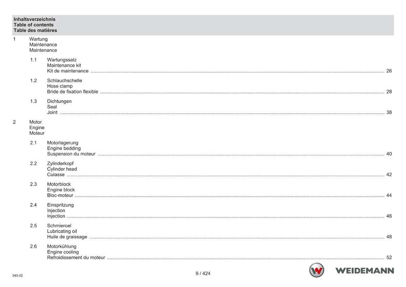 May include: A page from a manual with a table of contents in German, English, and French. The table lists maintenance and engine components, including hose clamps, seals, and cylinder heads. The Weidemann logo is in the bottom right corner.