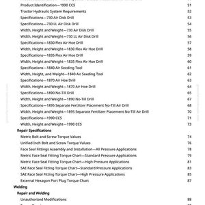 K&ouml;nnte beinhalten: Eine gedruckte Seite aus einem Handbuch mit einem Inhaltsverzeichnis. Die Tabelle listet Spezifikationen und Reparaturinformationen f&uuml;r landwirtschaftliche Ger&auml;te auf, einschlie&szlig;lich Luftbohrer und S&auml;werkzeuge. Die Seite hat einen wei&szlig;en Hintergrund.