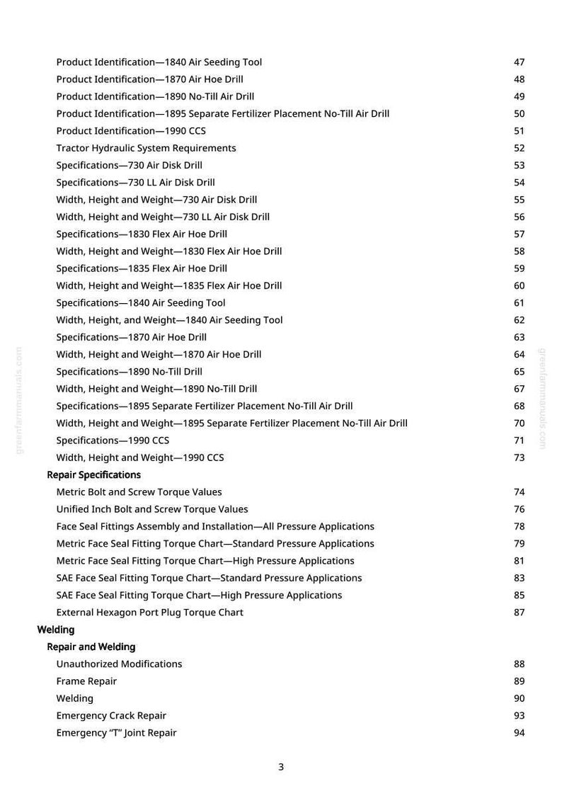 K&ouml;nnte beinhalten: Eine gedruckte Seite aus einem Handbuch mit einem Inhaltsverzeichnis. Die Tabelle listet Spezifikationen und Reparaturinformationen f&uuml;r landwirtschaftliche Ger&auml;te auf, einschlie&szlig;lich Luftbohrer und S&auml;werkzeuge. Die Seite hat einen wei&szlig;en Hintergrund.