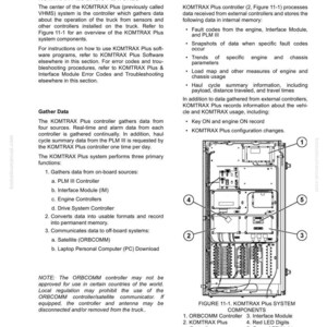 K&ouml;nnte beinhalten: Detaillierte Diagramm der KOMTRAX Plus Systemkomponenten, einschlie&szlig;lich ORBCOMM-Controller, Schnittstellenmodul und LED-Leuchten. Das Diagramm enth&auml;lt Text und Beschriftungen, mit Fokus auf Datenerfassung und -aufzeichnung.