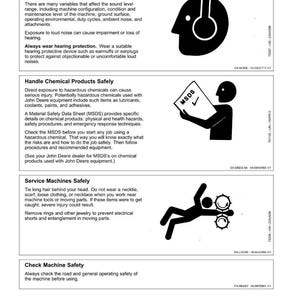 May include: A safety information sheet with the title "Safety" at the top. The sheet includes instructions on protecting against noise, handling chemicals safely, servicing machines safely, and checking machine safety. Each section has a corresponding illustration.