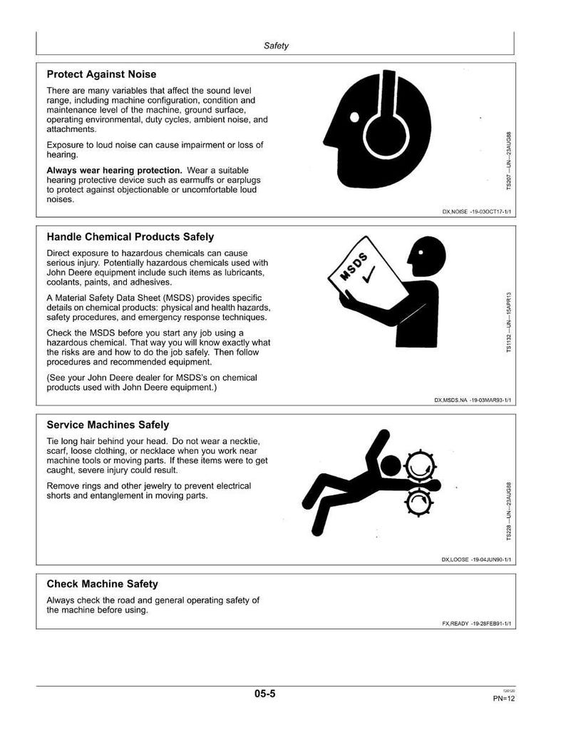 May include: A safety information sheet with the title "Safety" at the top. The sheet includes instructions on protecting against noise, handling chemicals safely, servicing machines safely, and checking machine safety. Each section has a corresponding illustration.