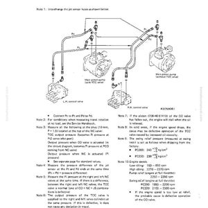 May include: Diagram of an engine system with multiple components, including pumps, valves, and hoses. The image includes text with instructions for testing and adjusting the system, with measurements in kg/cm&sup2;.